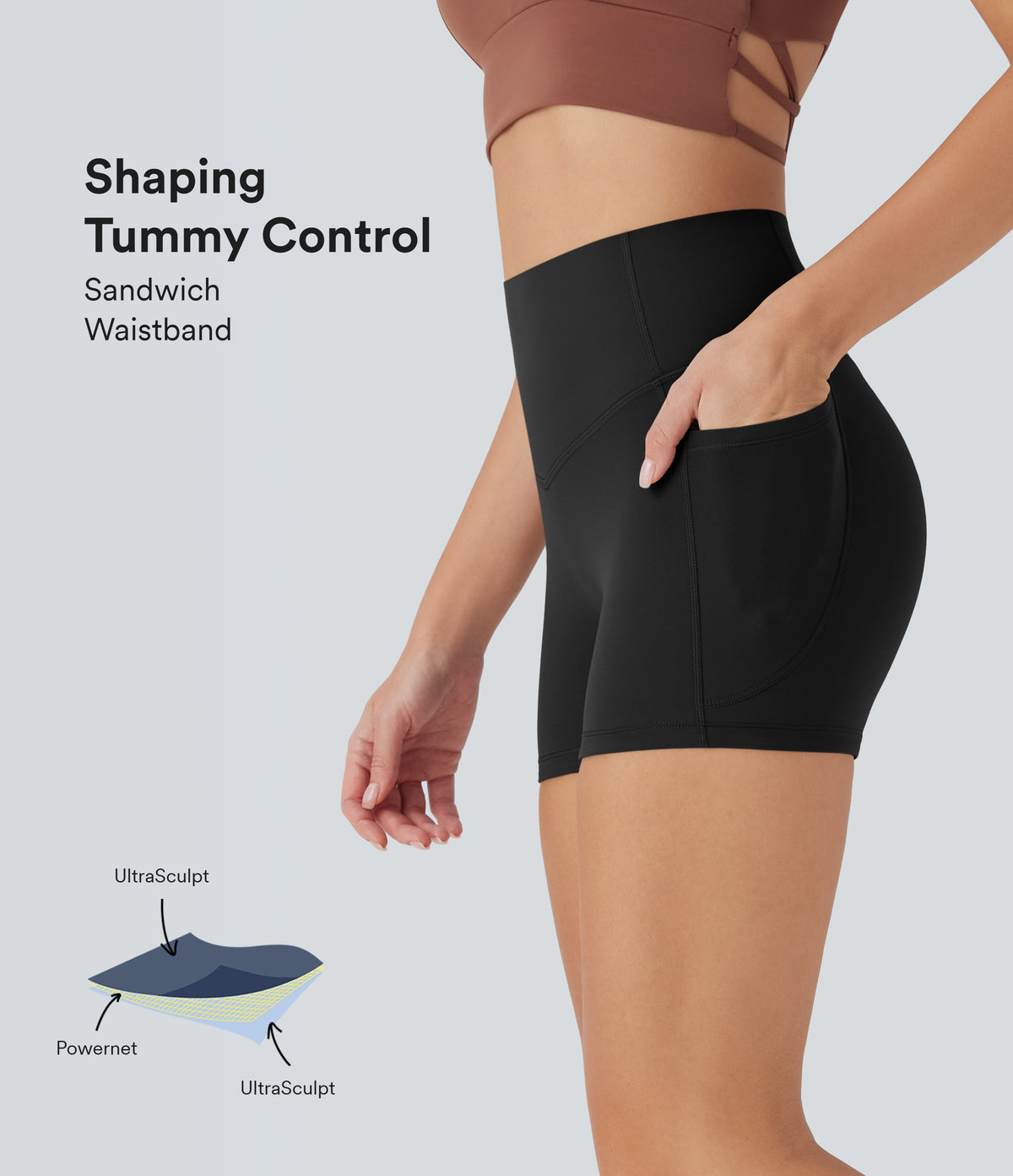 High Waisted Tummy Control Pocket Shaping Training Biker Shorts 3'' — Black — view 9