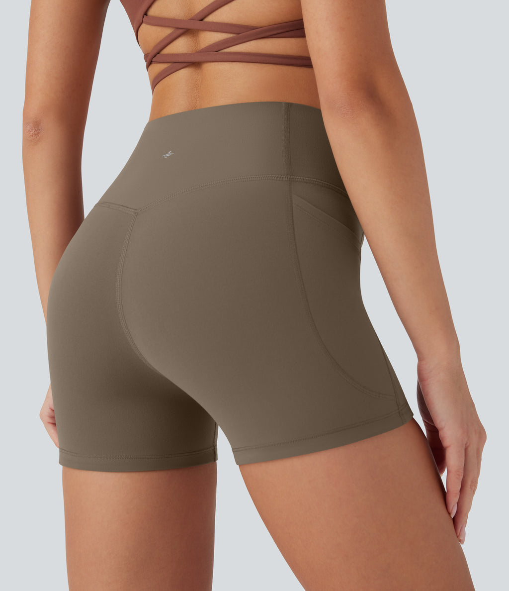 High Waisted Tummy Control Pocket Shaping Training Biker Shorts 3'' — Dawn Brown — view 7