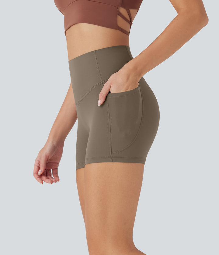 High Waisted Tummy Control Pocket Shaping Training Biker Shorts 3'' — Dawn Brown — view 1