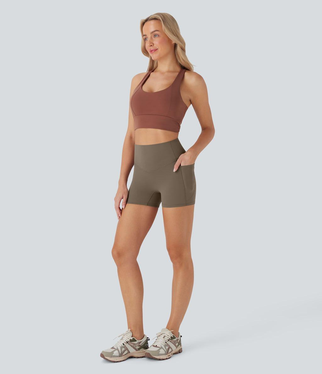 High Waisted Tummy Control Pocket Shaping Training Biker Shorts 3'' — Dawn Brown — view 8