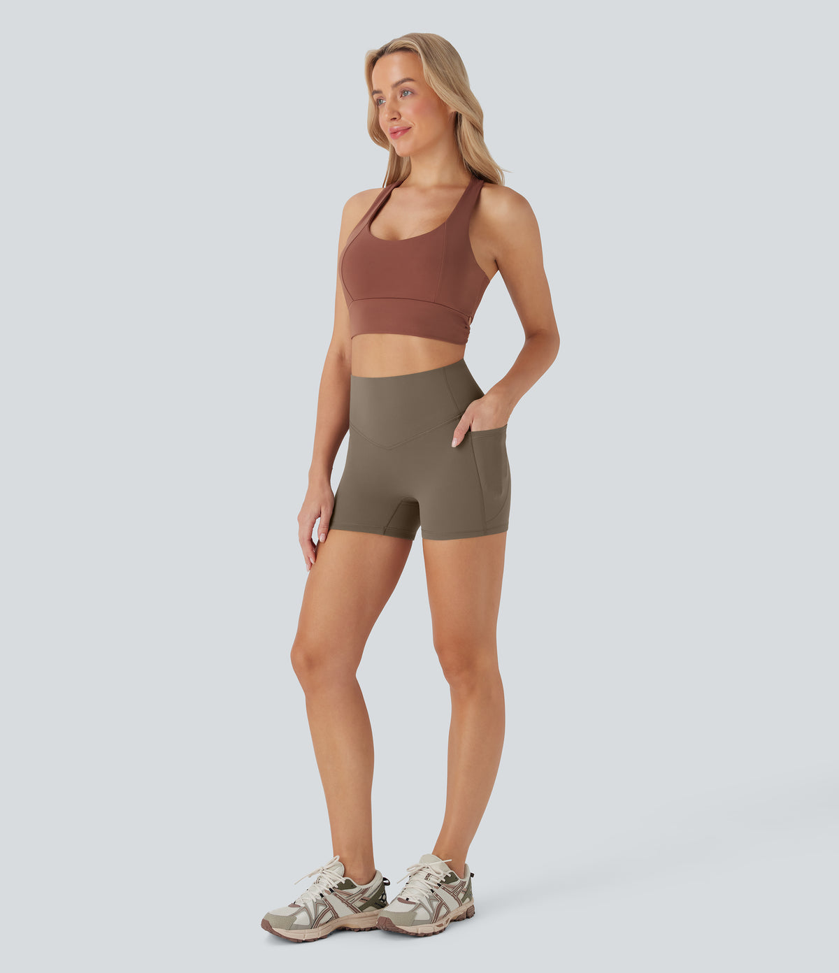 High Waisted Tummy Control Pocket Shaping Training Biker Shorts 3'' — Dawn Brown — view 8