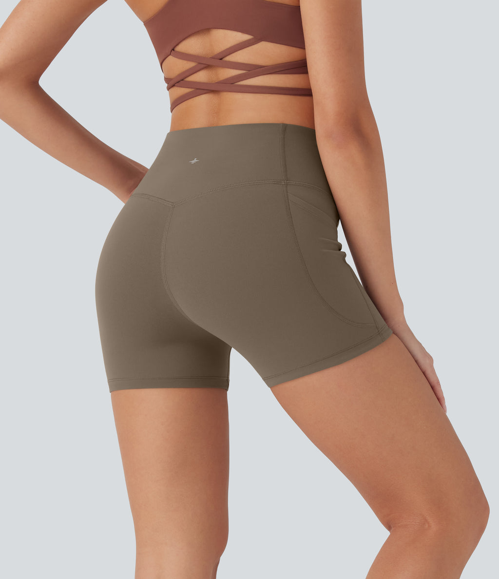 High Waisted Tummy Control Pocket Shaping Training Biker Shorts 3'' — Dawn Brown — view 3