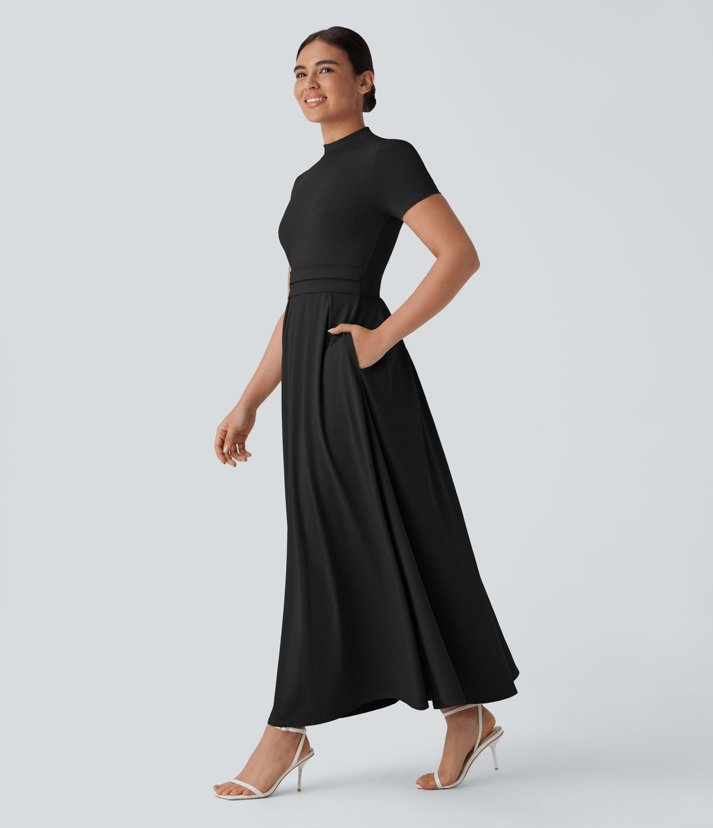 Stand Collar Short Sleeve Pocket Flare Maxi Casual Dress — Black — view 1