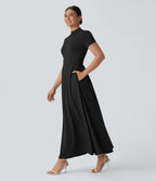 Stand Collar Short Sleeve Pocket Flare Maxi Casual Dress — Black — view 1