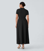 Stand Collar Short Sleeve Pocket Flare Maxi Casual Dress — Black — view 3