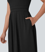 Stand Collar Short Sleeve Pocket Flare Maxi Casual Dress — Black — view 6
