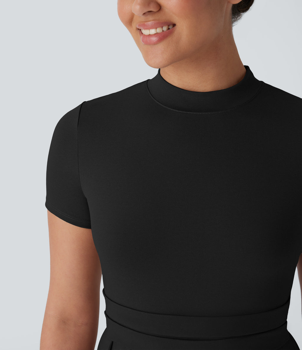 Stand Collar Short Sleeve Pocket Flare Maxi Casual Dress — Black — view 5