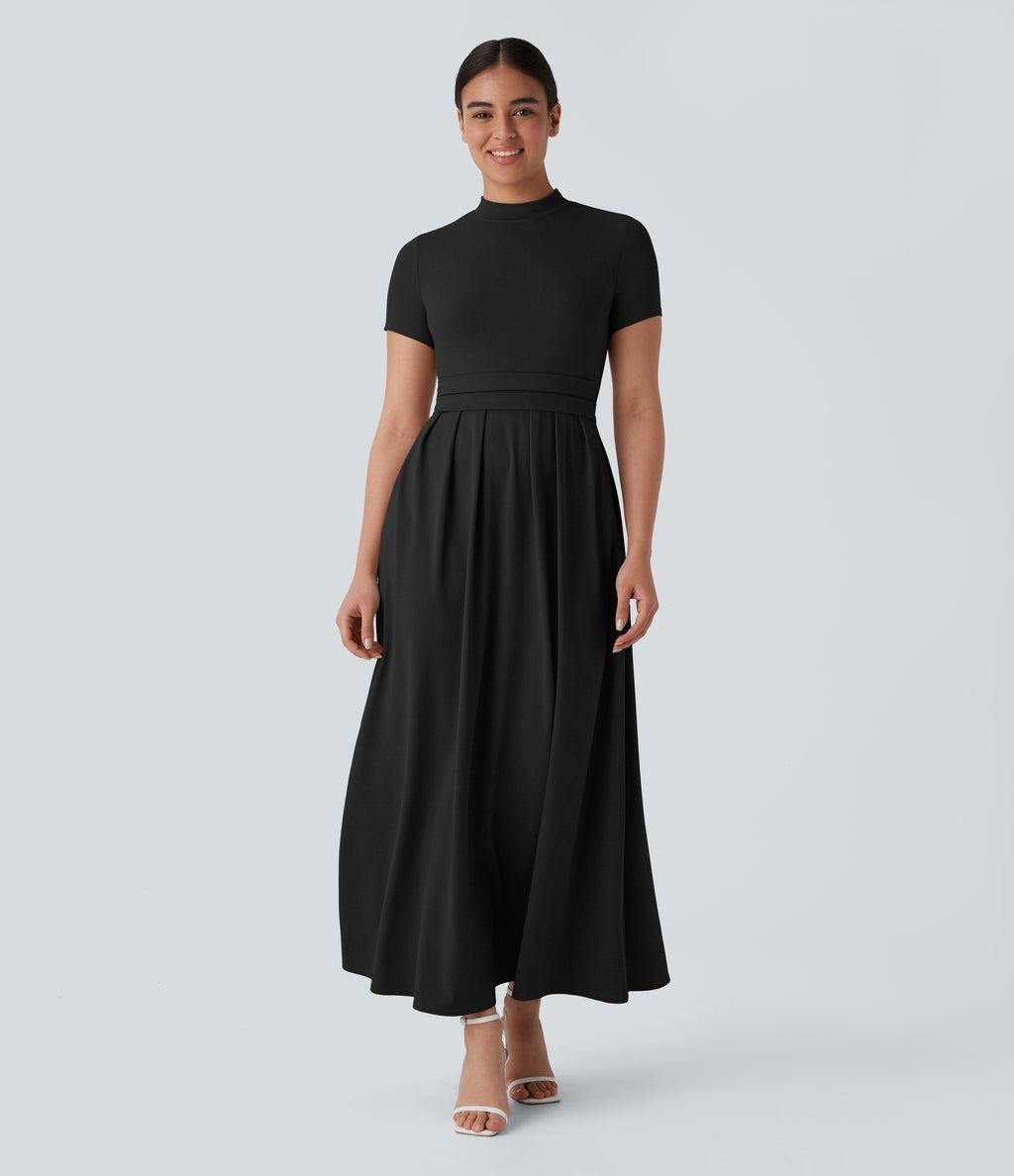 Stand Collar Short Sleeve Pocket Flare Maxi Casual Dress — Black — view 4