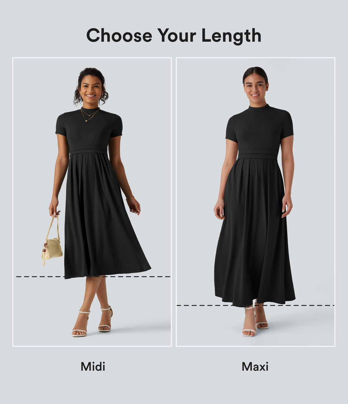 Stand Collar Short Sleeve Pocket Flare Maxi Casual Dress — Black — view 2