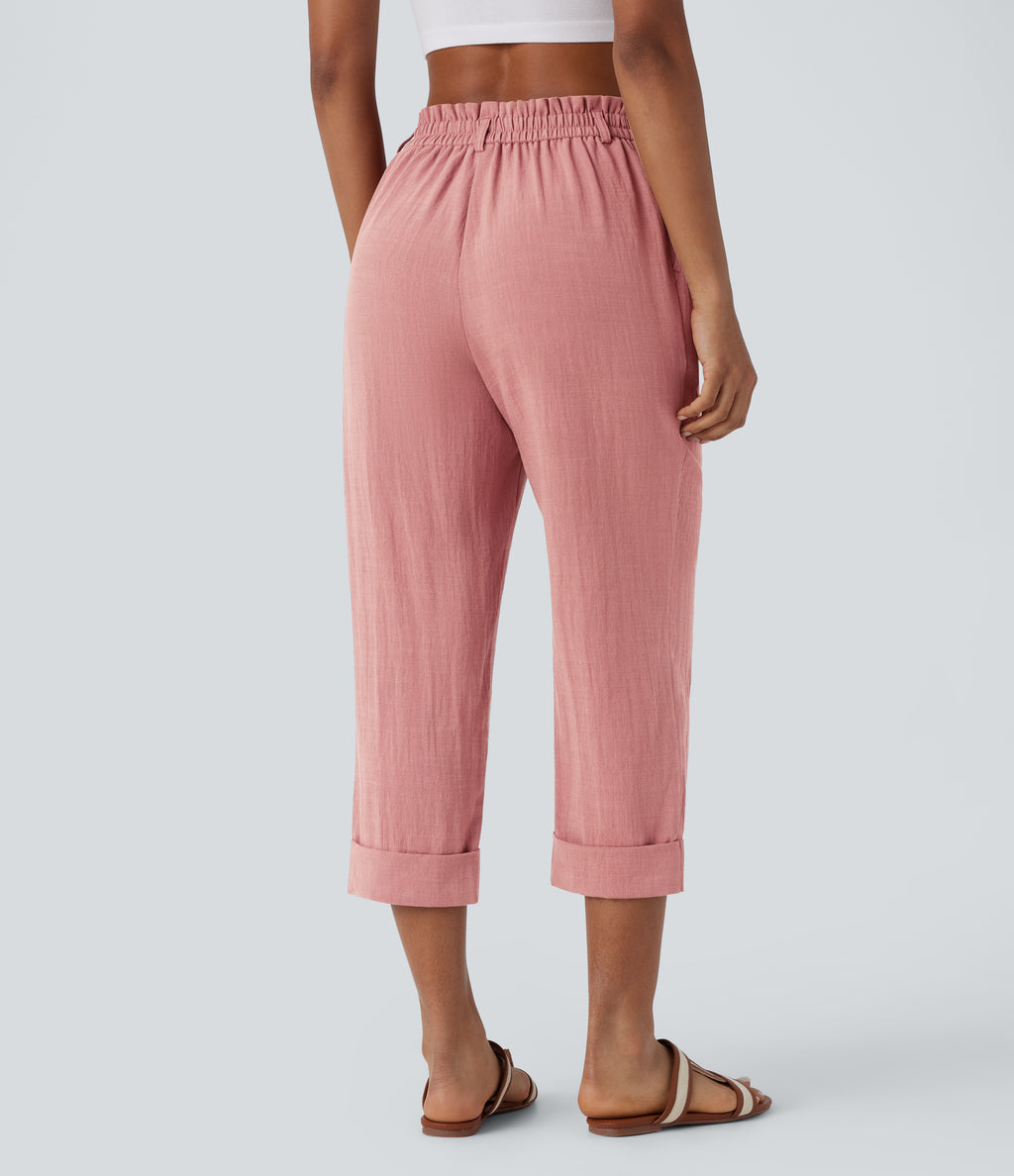 High Waisted Zipper Pocket Cropped Linen-Feel Trousers — Rosette — view 2