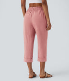 High Waisted Zipper Pocket Cropped Linen-Feel Trousers — Rosette — view 2