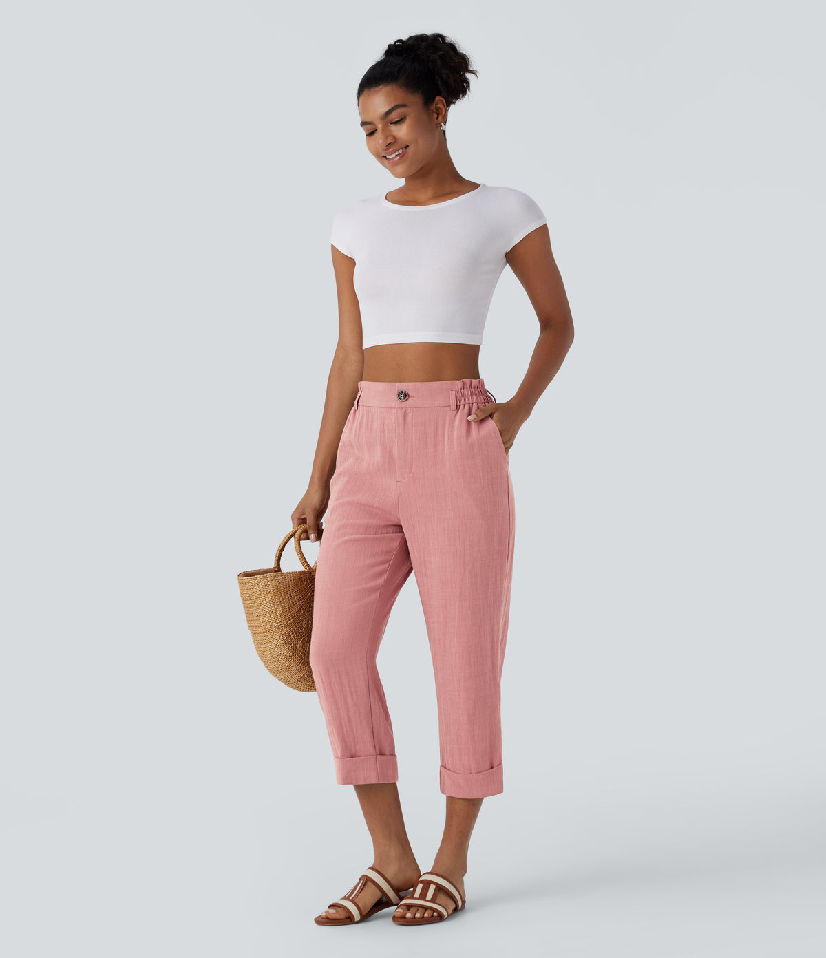 High Waisted Zipper Pocket Cropped Linen-Feel Trousers — Rosette — view 7