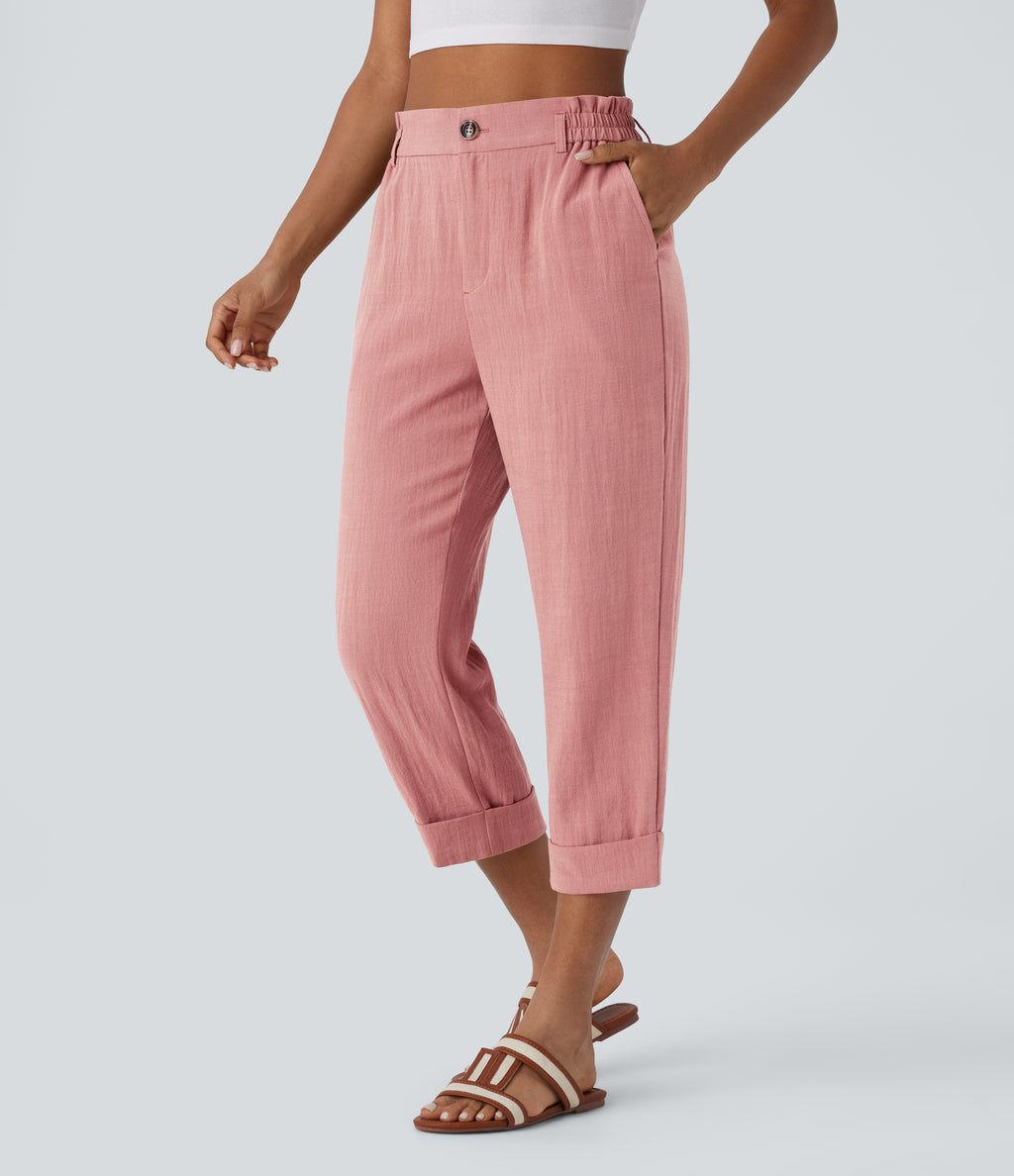 High Waisted Zipper Pocket Cropped Linen-Feel Trousers — Rosette — view 1