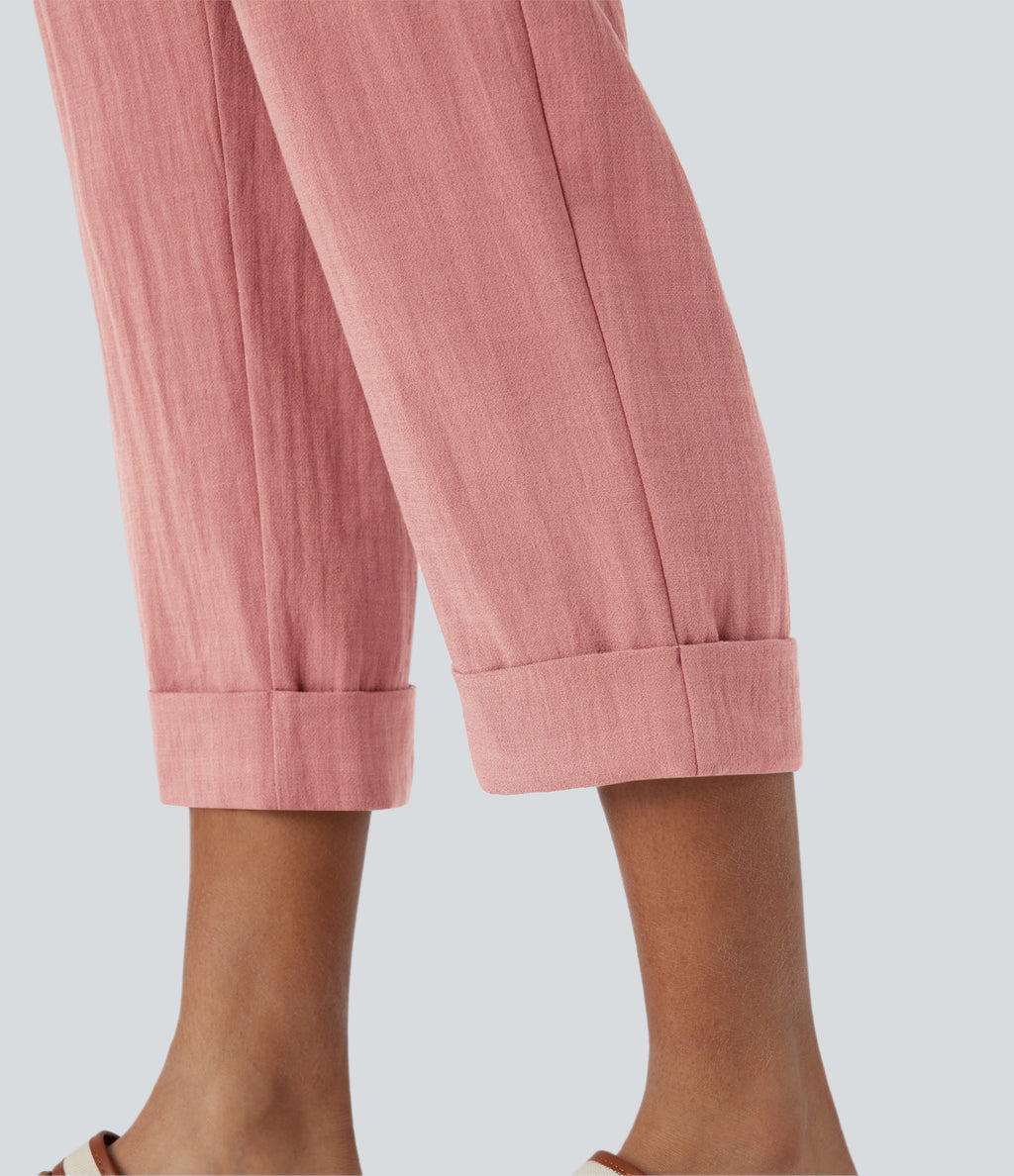 High Waisted Zipper Pocket Cropped Linen-Feel Trousers — Rosette — view 6