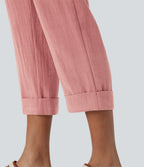 High Waisted Zipper Pocket Cropped Linen-Feel Trousers — Rosette — view 6