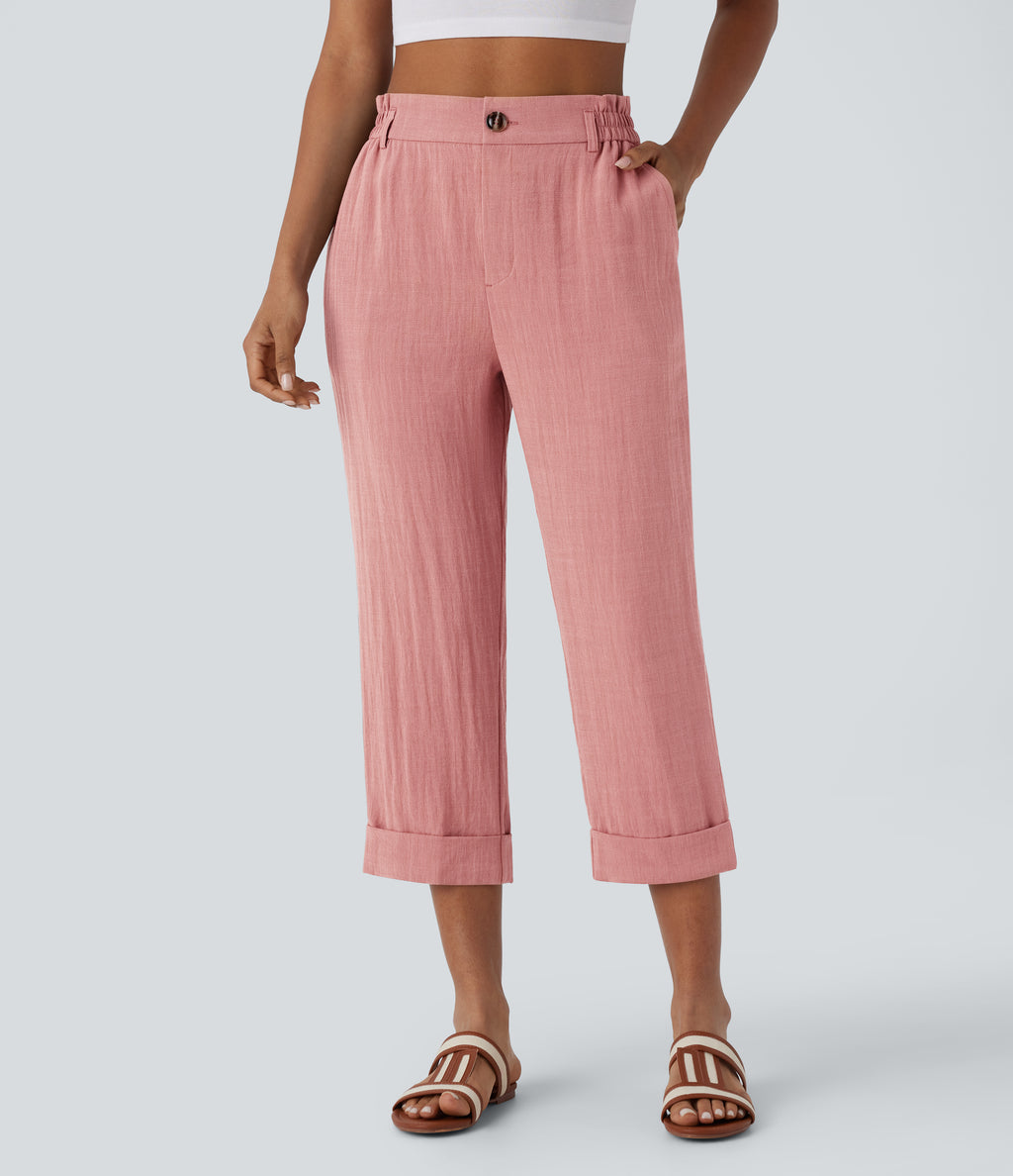 High Waisted Zipper Pocket Cropped Linen-Feel Trousers — Rosette — view 3