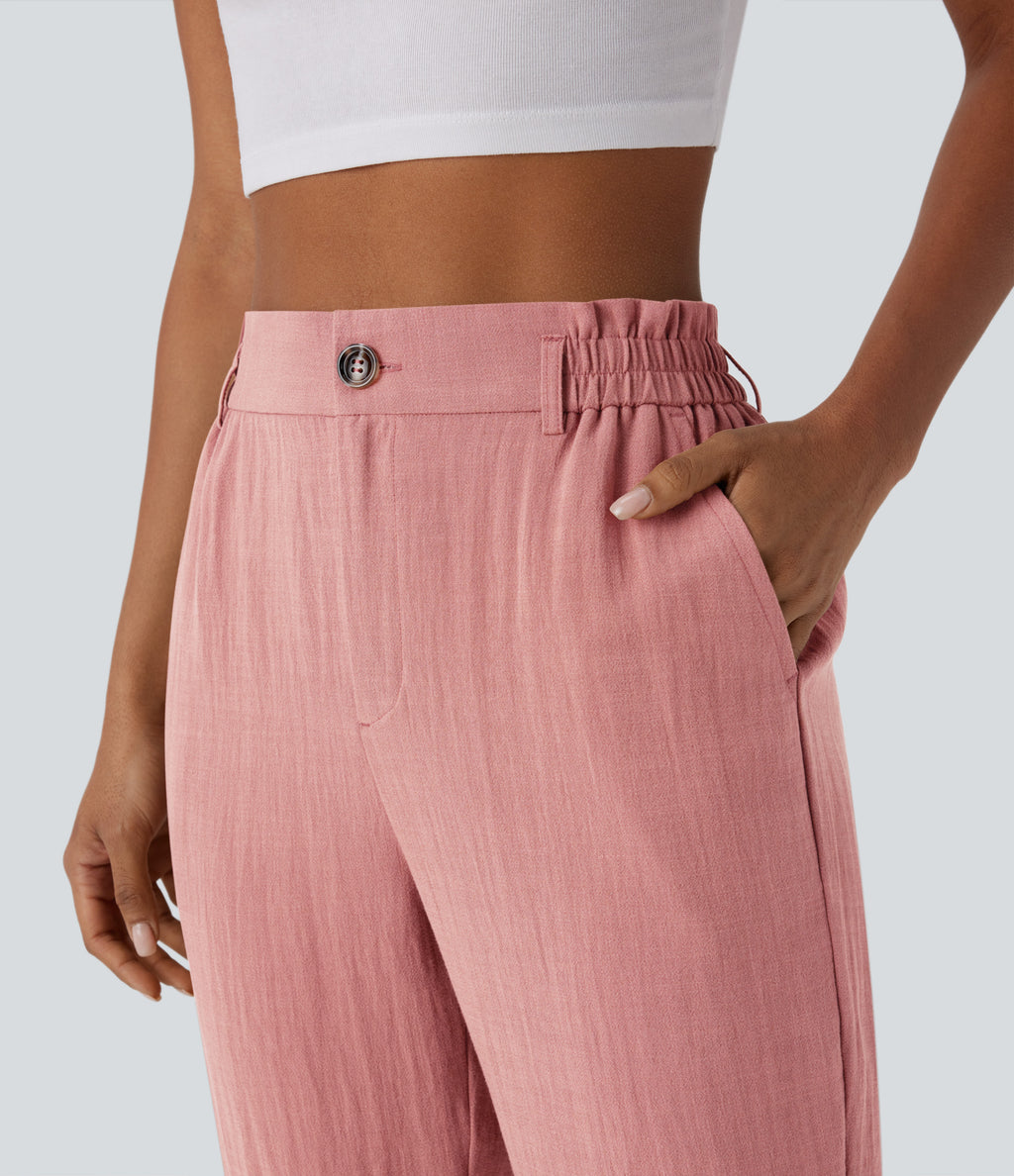 High Waisted Zipper Pocket Cropped Linen-Feel Trousers — Rosette — view 5
