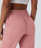 High Waisted Zipper Pocket Cropped Linen-Feel Trousers — Rosette — view 4