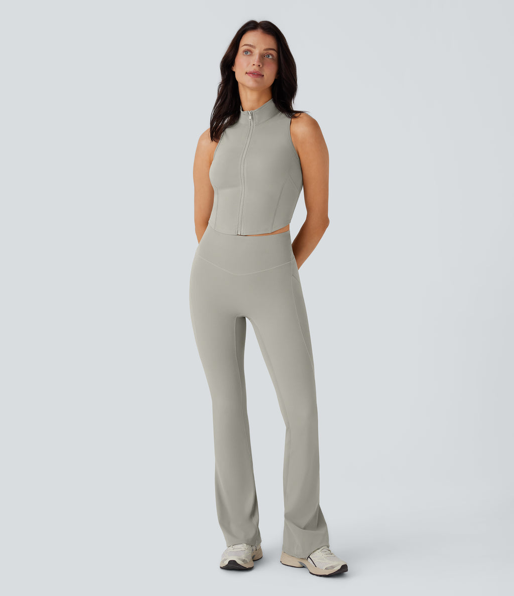 QuickDry High Waisted Tummy Control Pocket Yoga Flared Leggings — London Fog — view 6