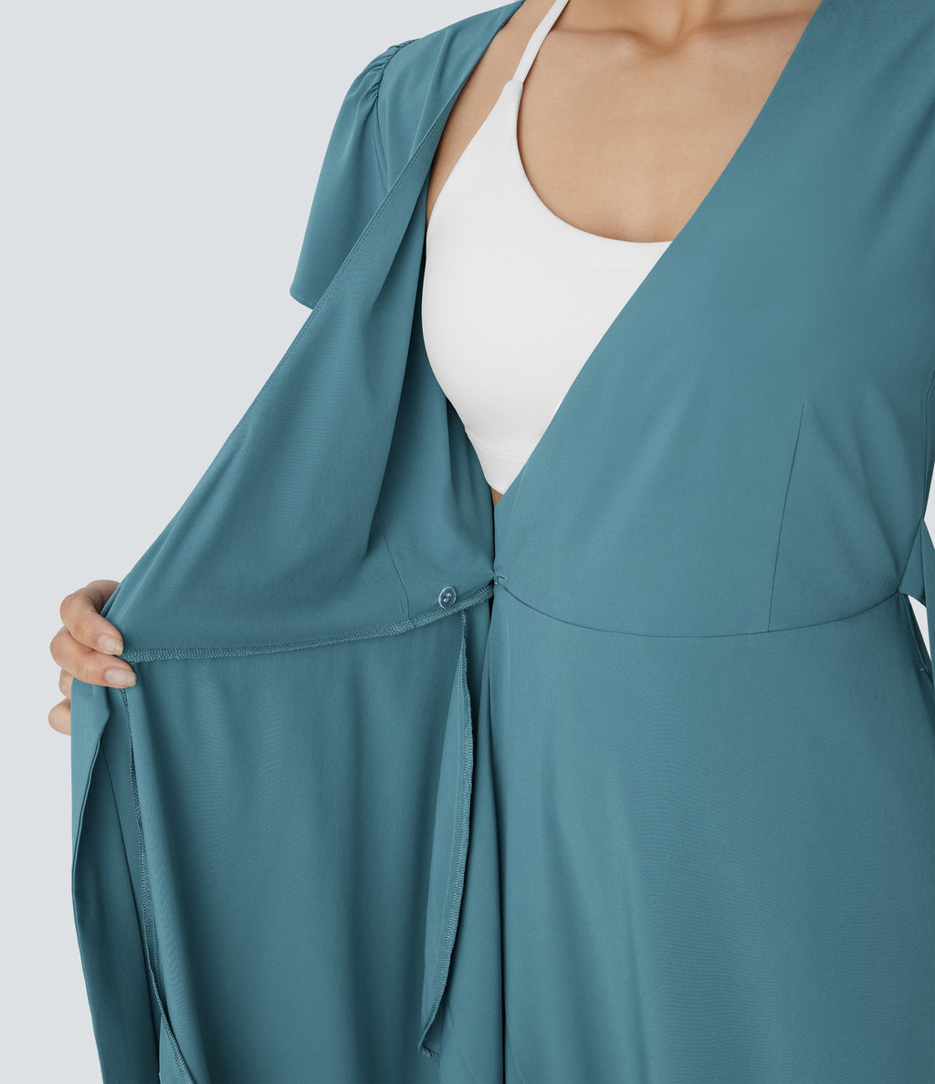 V Neck Short Sleeve Wrapped Tie Side Pocket Ruffle Flowy Quick Dry Midi Casual Dress — Stone Blue — view 4