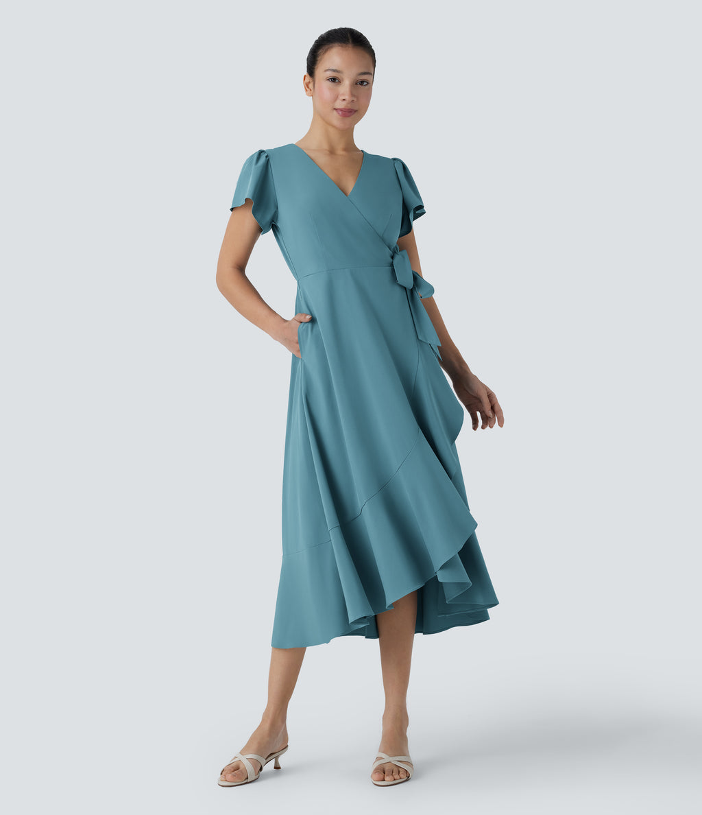 V Neck Short Sleeve Wrapped Tie Side Pocket Ruffle Flowy Quick Dry Midi Casual Dress — Stone Blue — view 3
