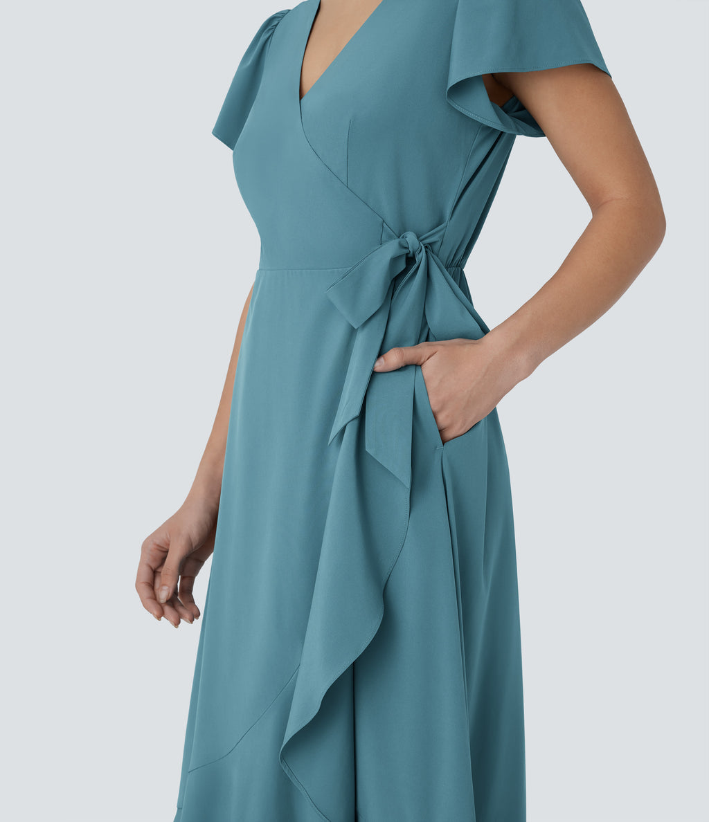 V Neck Short Sleeve Wrapped Tie Side Pocket Ruffle Flowy Quick Dry Midi Casual Dress — Stone Blue — view 6