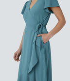 V Neck Short Sleeve Wrapped Tie Side Pocket Ruffle Flowy Quick Dry Midi Casual Dress — Stone Blue — view 6