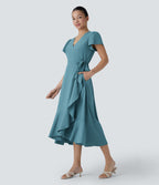 V Neck Short Sleeve Wrapped Tie Side Pocket Ruffle Flowy Quick Dry Midi Casual Dress — Stone Blue — view 1