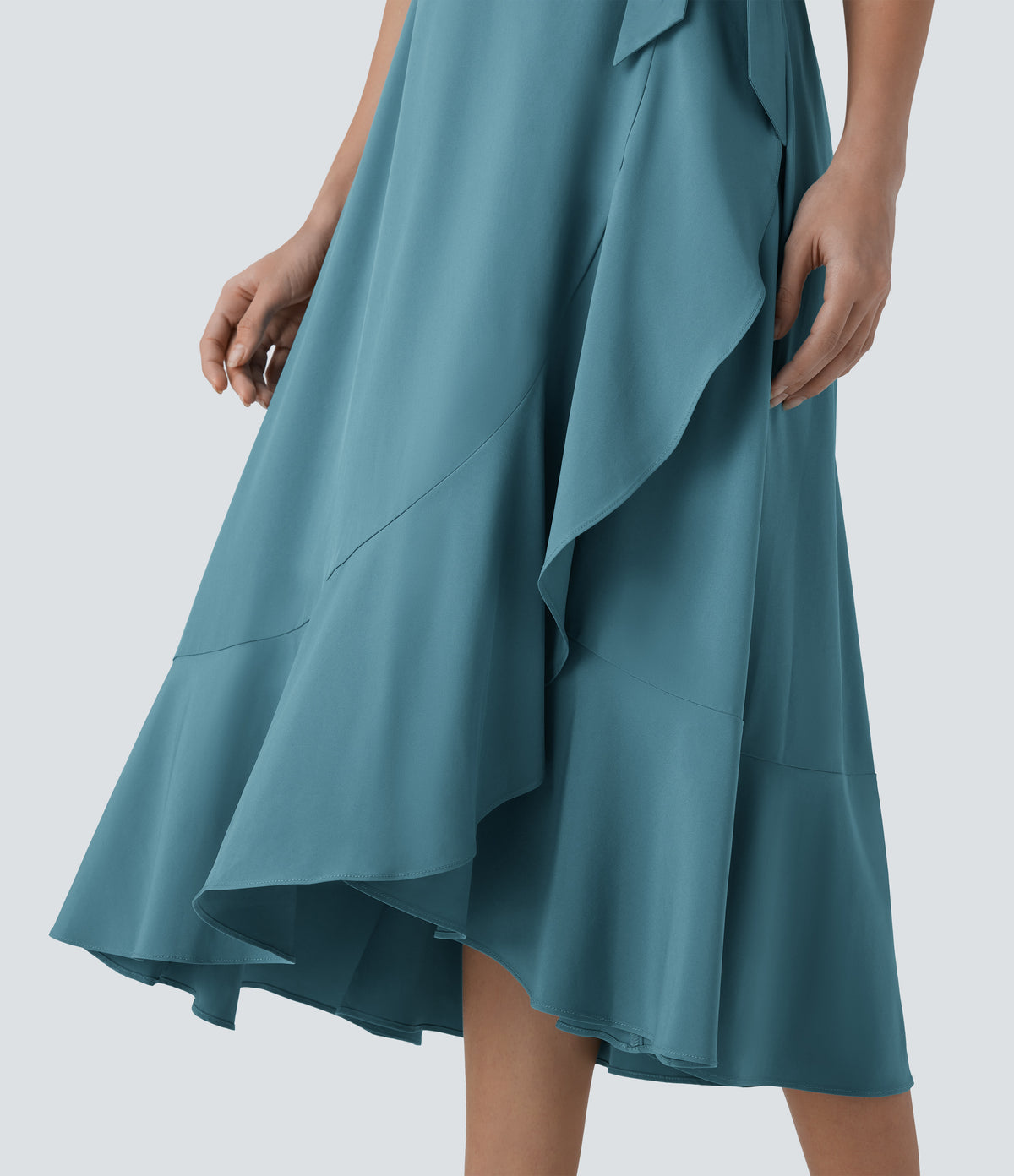 V Neck Short Sleeve Wrapped Tie Side Pocket Ruffle Flowy Quick Dry Midi Casual Dress — Stone Blue — view 7