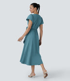 V Neck Short Sleeve Wrapped Tie Side Pocket Ruffle Flowy Quick Dry Midi Casual Dress — Stone Blue — view 2
