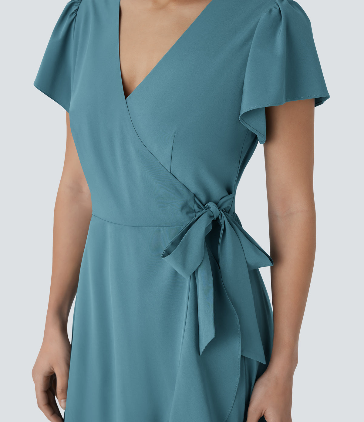 V Neck Short Sleeve Wrapped Tie Side Pocket Ruffle Flowy Quick Dry Midi Casual Dress — Stone Blue — view 5