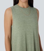 Round Neck Sleeveless Side Pocket High Low Flowy Maxi Casual Dress — Light Green Floral Yarn — view 4
