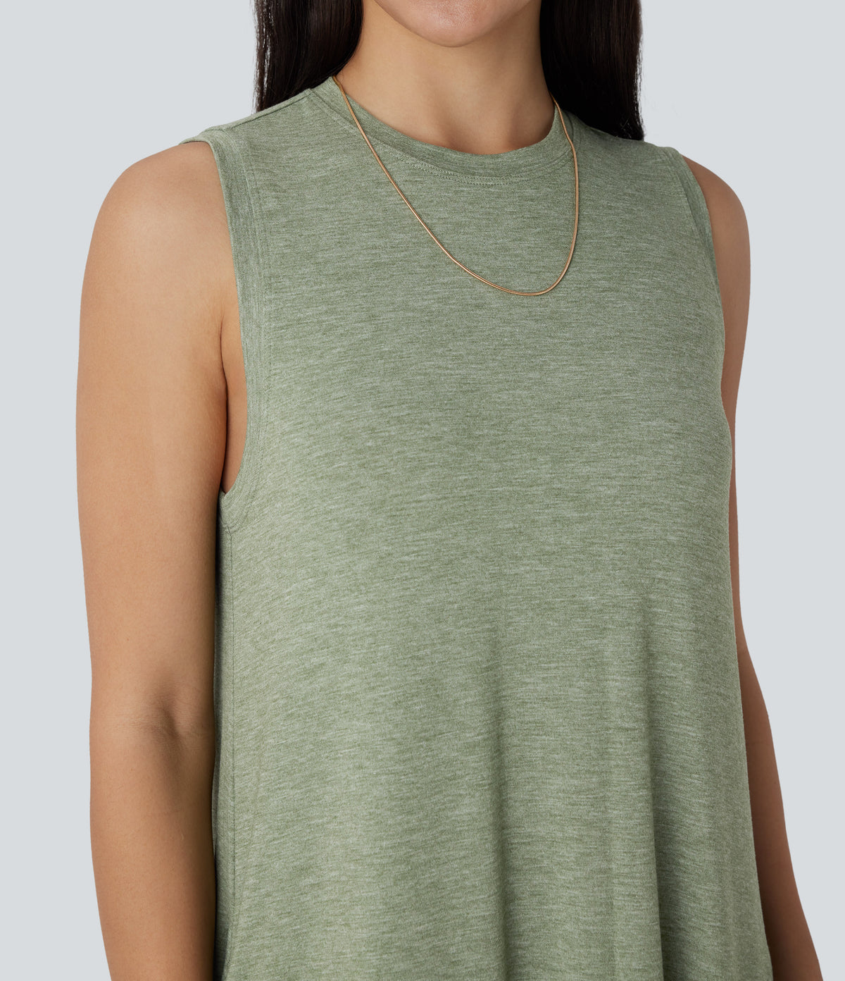 Round Neck Sleeveless Side Pocket High Low Flowy Maxi Casual Dress — Light Green Floral Yarn — view 4