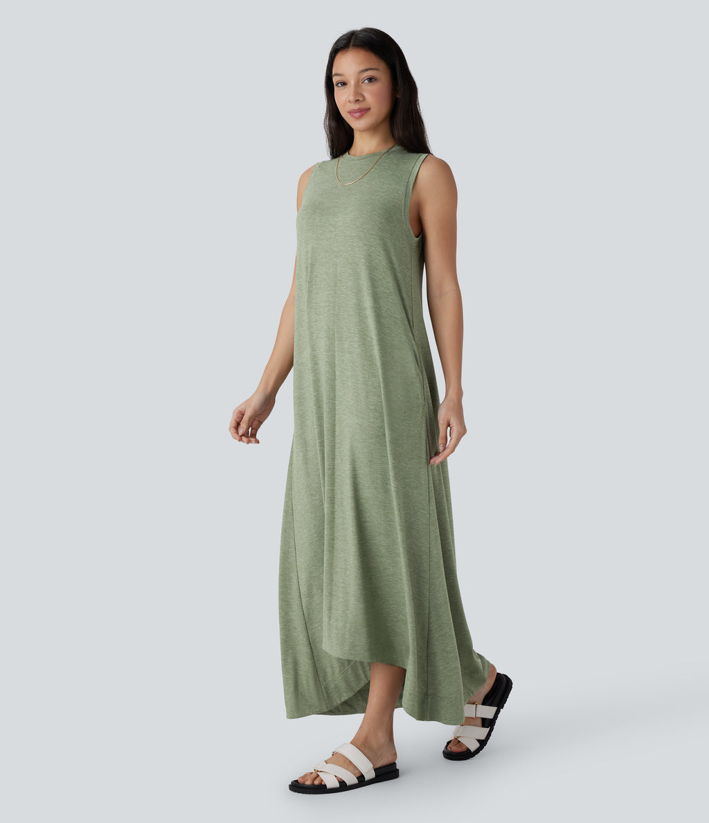 Round Neck Sleeveless Side Pocket High Low Flowy Maxi Casual Dress — Light Green Floral Yarn — view 3