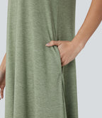 Round Neck Sleeveless Side Pocket High Low Flowy Maxi Casual Dress — Light Green Floral Yarn — view 5