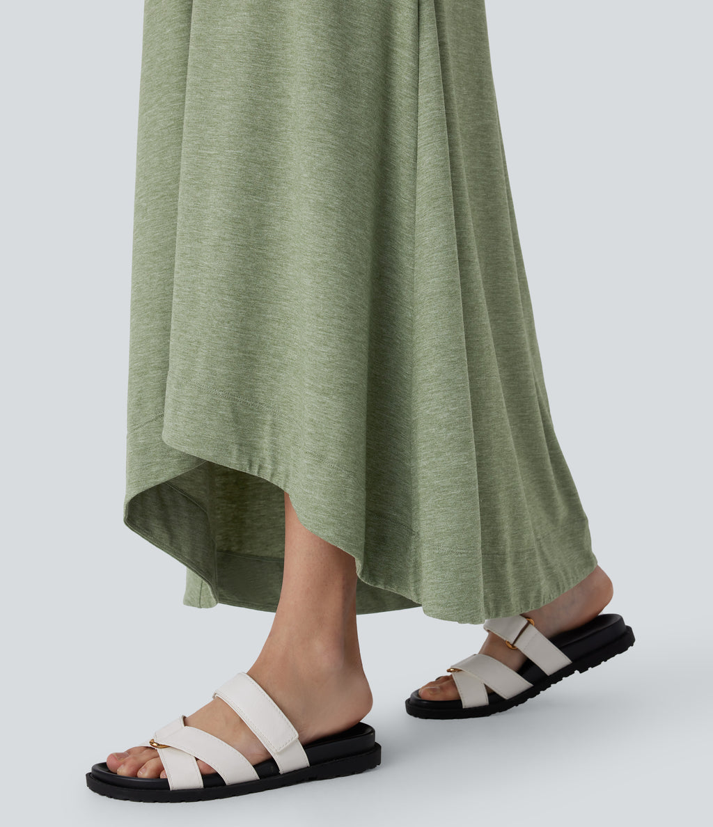 Round Neck Sleeveless Side Pocket High Low Flowy Maxi Casual Dress — Light Green Floral Yarn — view 6