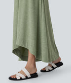 Round Neck Sleeveless Side Pocket High Low Flowy Maxi Casual Dress — Light Green Floral Yarn — view 6