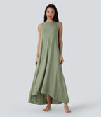 Round Neck Sleeveless Side Pocket High Low Flowy Maxi Casual Dress — Light Green Floral Yarn — view 7