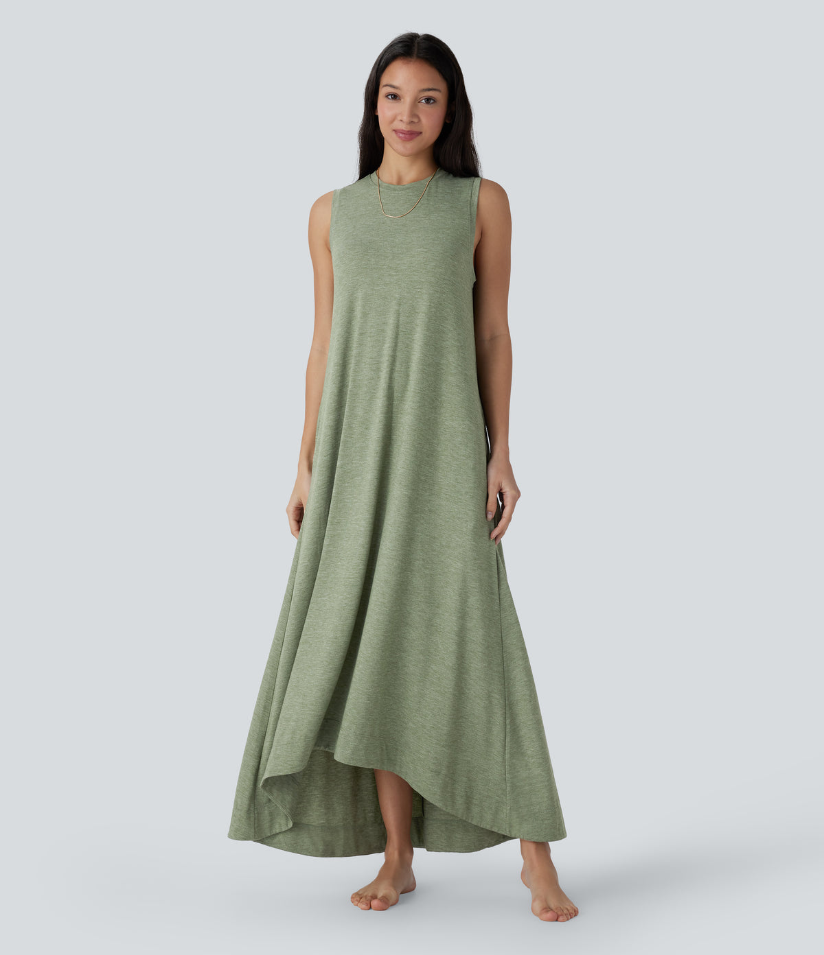 Round Neck Sleeveless Side Pocket High Low Flowy Maxi Casual Dress — Light Green Floral Yarn — view 7