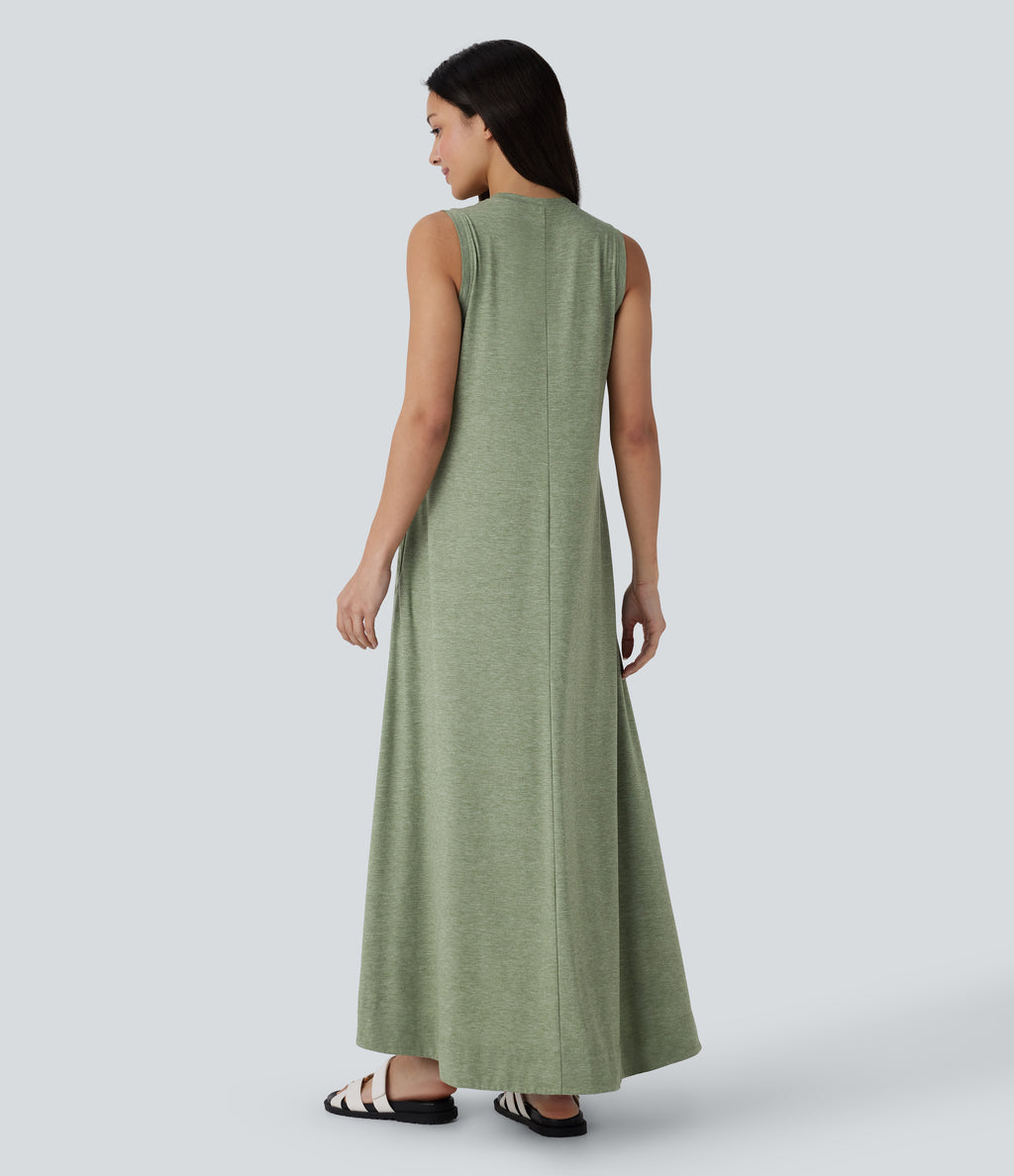 Round Neck Sleeveless Side Pocket High Low Flowy Maxi Casual Dress — Light Green Floral Yarn — view 2