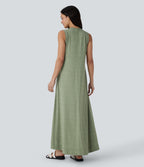Round Neck Sleeveless Side Pocket High Low Flowy Maxi Casual Dress — Light Green Floral Yarn — view 2