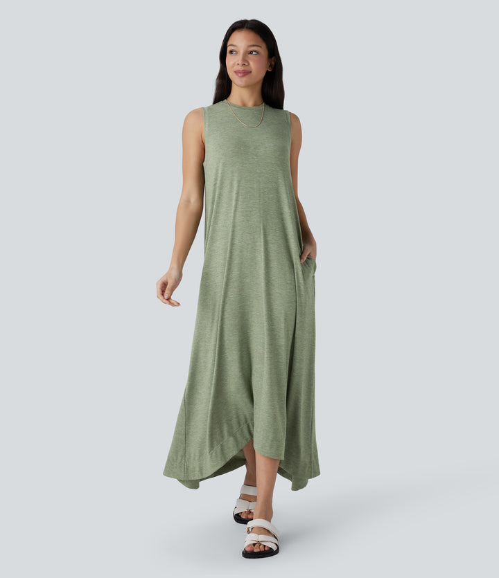Round Neck Sleeveless Side Pocket High Low Flowy Maxi Casual Dress — Light Green Floral Yarn — view 1