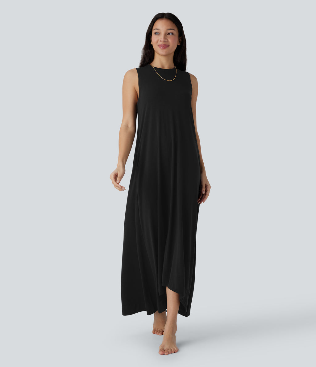 Round Neck Sleeveless Side Pocket High Low Flowy Maxi Casual Dress — Black — view 8