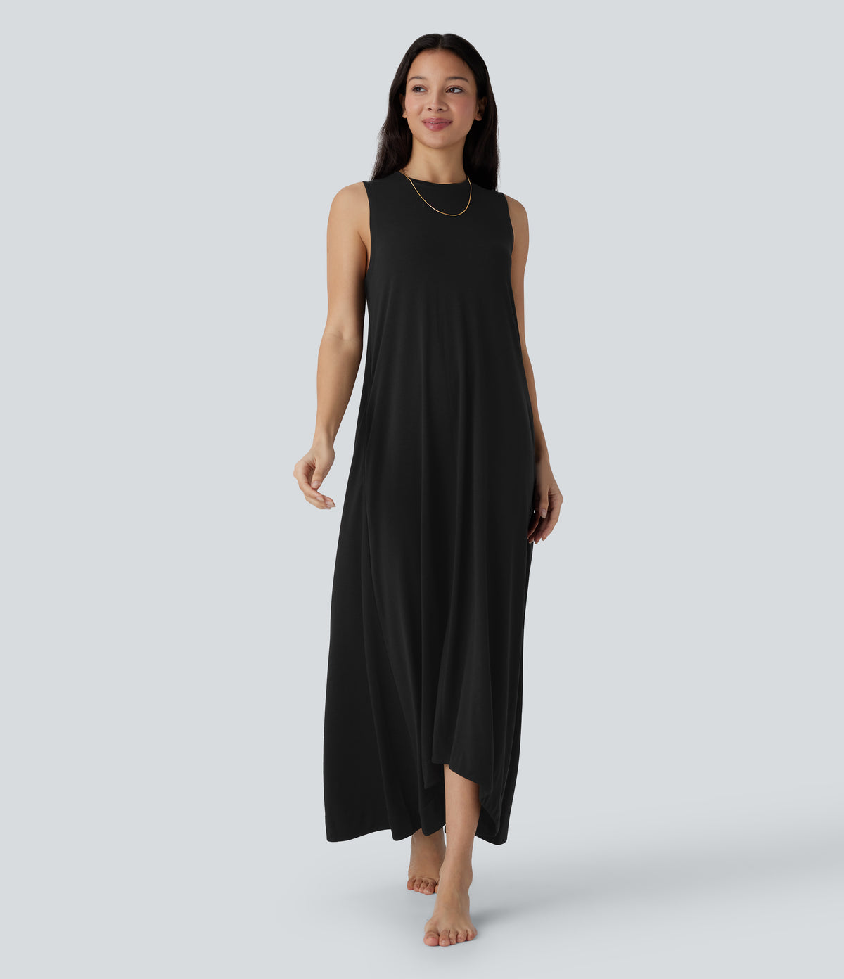 Round Neck Sleeveless Side Pocket High Low Flowy Maxi Casual Dress — Black — view 8