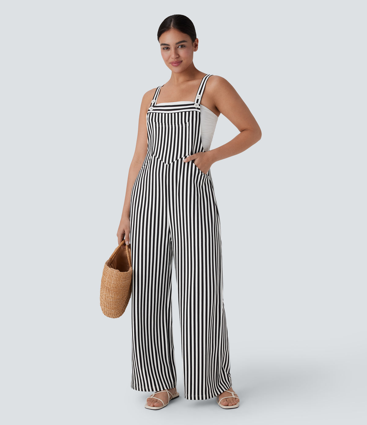 Pockets Stripe Waffle Dungarees — Black White Horizontal Stripe — view 6