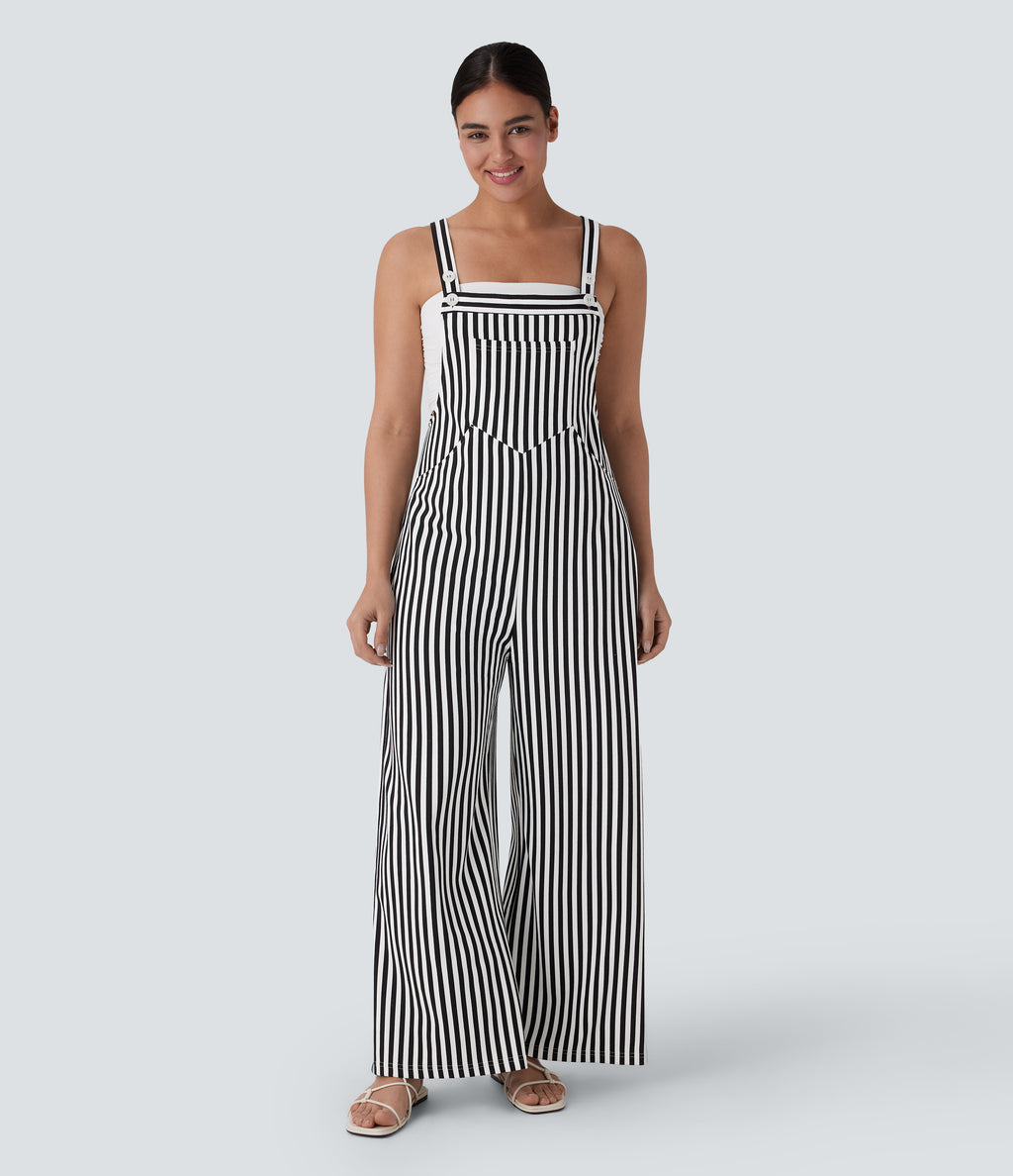 Pockets Stripe Waffle Dungarees — Black White Horizontal Stripe — view 1