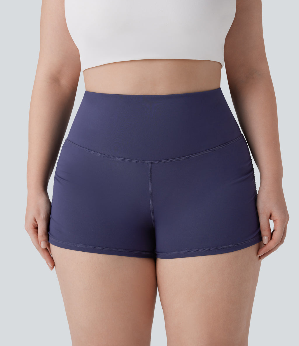 QuickDry High Waisted Tummy Control Ruched Running Plus Size Biker Shorts 2.5'' — Dawn Purple — view 5