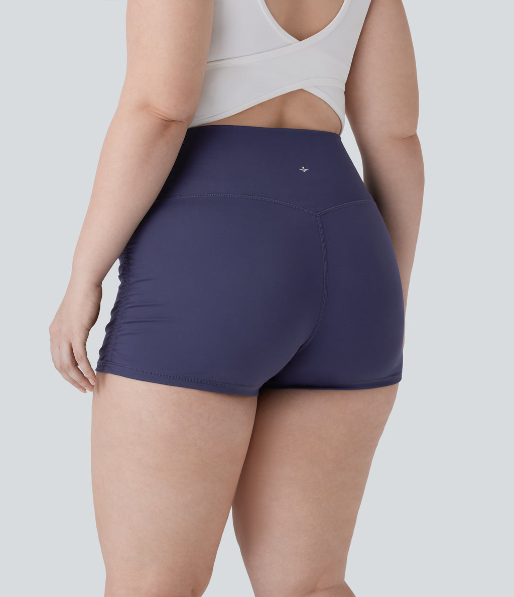 QuickDry High Waisted Tummy Control Ruched Running Plus Size Biker Shorts 2.5'' — Dawn Purple — view 2