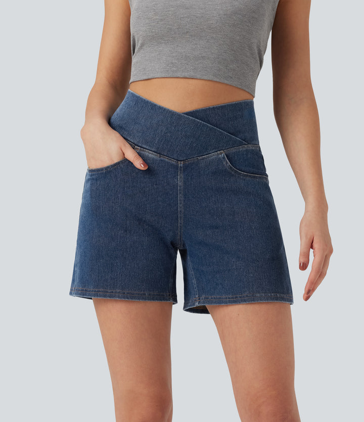 Crossover High Waisted Pockets Wide Leg A Line Washed Denim Casual Shorts — Estate Blue Denim — view 1
