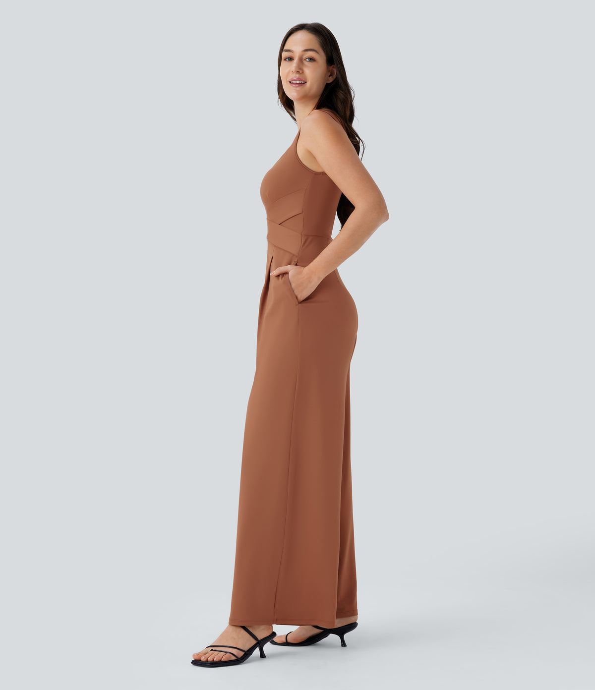U Back Sleeveless Casual Party Jumpsuit with Pockets — Rust Red — view 3
